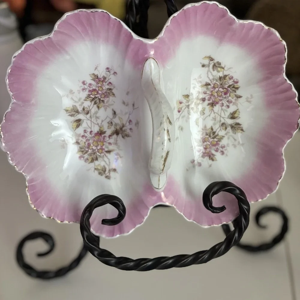 Antique KPM Germany Porcelain Pink Floral Divided Serving Dish Center Handle